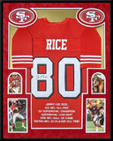 FRAMED IN SUEDE SAN FRANCISCO 49ERS JERRY RICE AUTOGRAPHED STAT JERSEY JSA COA