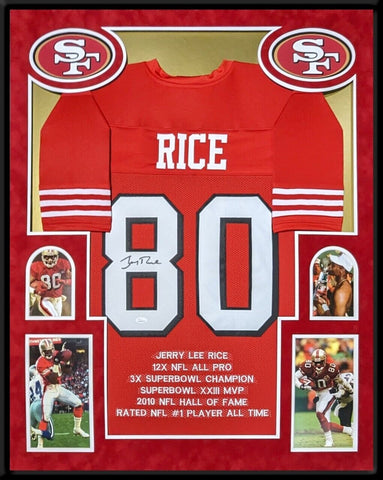 FRAMED IN SUEDE SAN FRANCISCO 49ERS JERRY RICE AUTOGRAPHED STAT JERSEY JSA COA