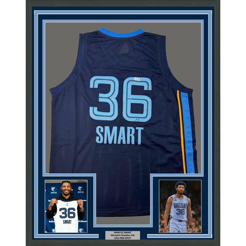 Framed Autographed/Signed Marcus Smart 33x42 Memphis Blue Jersey Beckett BAS COA