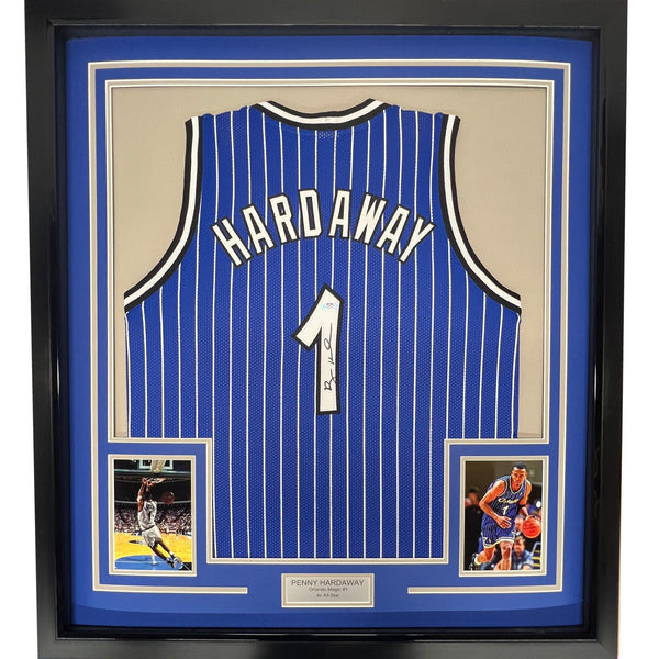 Framed Autographed/Signed Anfernee Penny Hardaway 35x39 Blue Jersey PSA COA