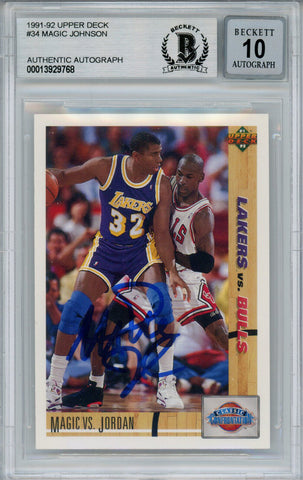 Magic Johnson Signed 1991-92 Upper Deck #34 Trading Card Beckett 10 Slab 37815