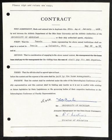 Fritz Crisler CFB HOF Signed 1956 Contract University of Michigan JSA 185594