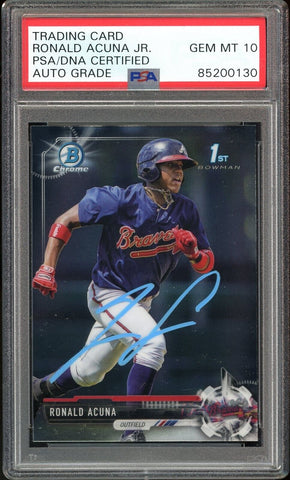 2017 Bowman Chrome Ronald Acuna Jr. RC On Card Blue Ink PSA/DNA Auto GEM MINT 10