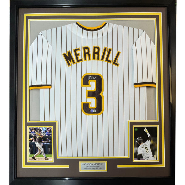 Framed Signed Jackson Merrill 35x39 San Diego Pin Jersey Beckett COA