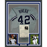 Framed Autographed/Signed Mariano Rivera 33x42 New York Grey Jersey JSA COA/LOA