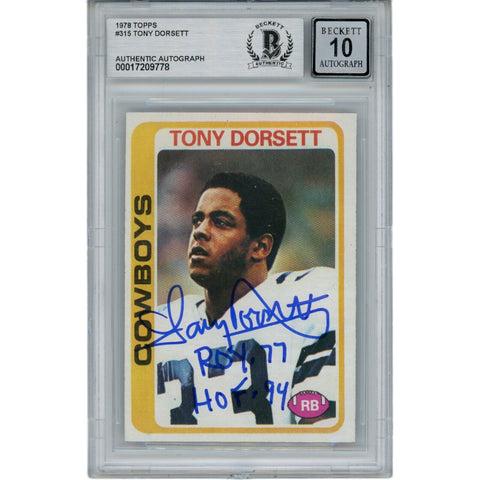 Tony Dorsett Autographed 78 Topps ROY HOF Grade 10 Trading Card Beckett 45939