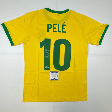 Autographed/Signed Pele Brazil Yellow Soccer Futbol Jersey Beckett BAS COA #2