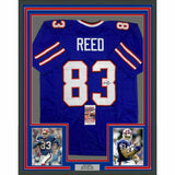 FRAMED Autographed/Signed ANDRE REED HOF 14 33x42 Buffalo Blue Jersey JSA COA