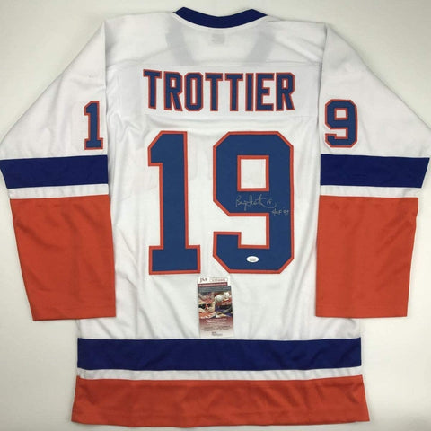 Autographed/Signed Bryan Trottier HOF 97 New York White Jersey JSA COA