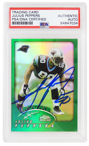 Julius Peppers Signed Panthers 2002 Topps Chrome Green Refractor Card #214 (PSA)