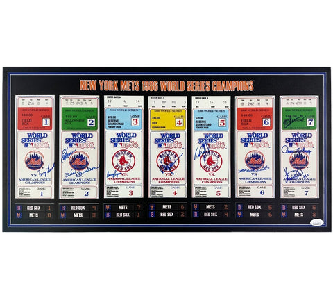 1986 Mets Team Signed Unframed 12x24 Collage Ticket Board -Leach, Hearn, Lyons