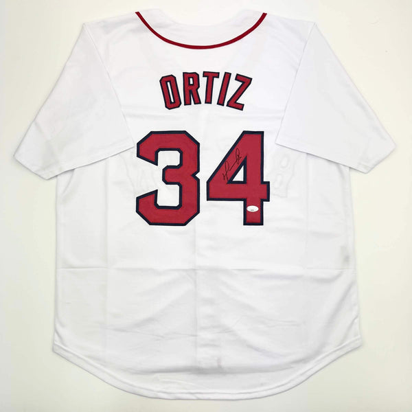 Autographed/Signed David Ortiz Boston White Baseball Jersey JSA COA