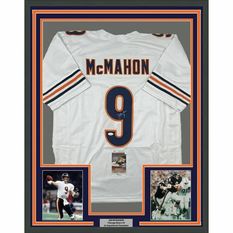 FRAMED Autographed/Signed JIM MCMAHON 33x42 Chicago White Jersey JSA COA