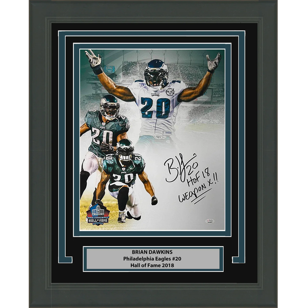 Framed Autographed/Signed Brian Dawkins 2x Inscribed HOF 18 16x20 Photo JSA COA
