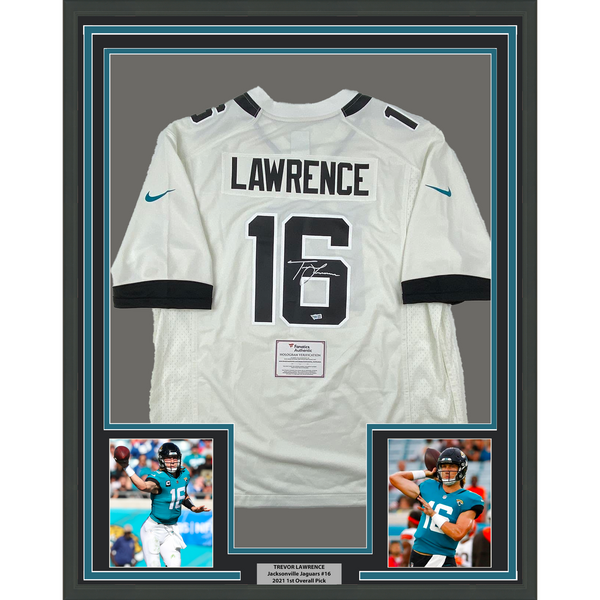 Framed Autographed/Signed Trevor Lawrence 33x42 Jaguars Nike Jersey Fanatics COA