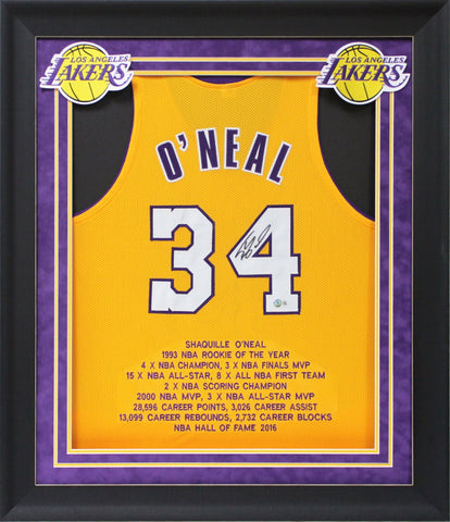 Shaquille O'Neal Authentic Signed Yellow Pro Style Framed Jersey w/ Stats BAS W