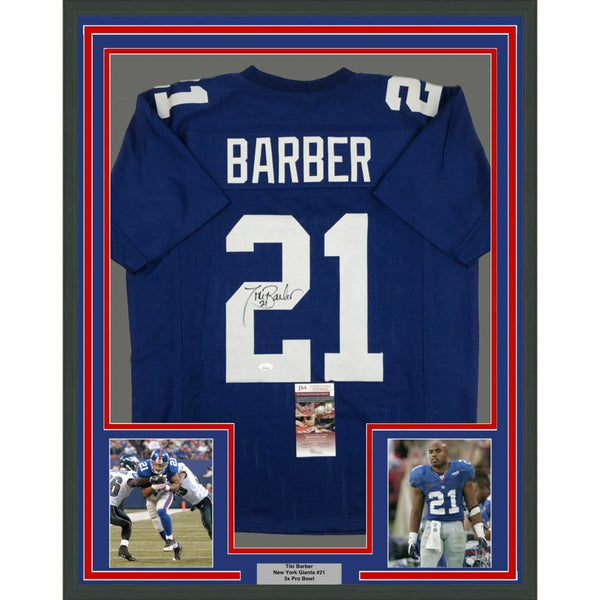 FRAMED Autographed/Signed TIKI BARBER 33x42 New York Blue Jersey JSA COA Auto