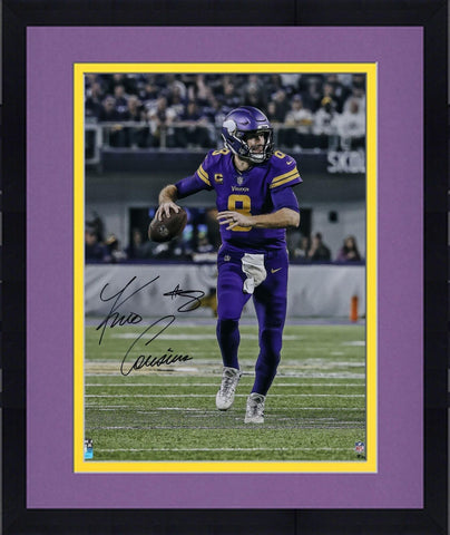 Framed Kirk Cousins Minnesota Vikings Signed 16" x 20" Scramble in Purple Photo