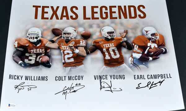 RICKY WILLIAMS EARL CAMPBELL VINCE YOUNG COLT McCOY SIGNED TEXAS 16x20 PHOTO