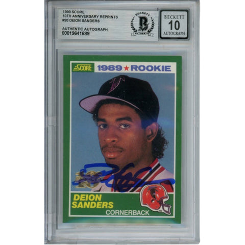 Deion Sanders Signed 1999 Score #246 10 yr anniv Slab Trading Card Beckett 53344