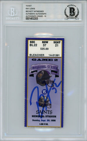 Ray Lewis Autographed/Signed 9/29/1996 vs Saints Ticket Beckett Slab 39194