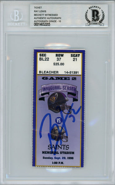 Ray Lewis Autographed/Signed 9/29/1996 vs Saints Ticket Beckett Slab 39194