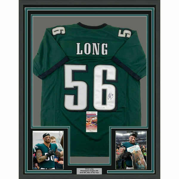 FRAMED Autographed/Signed CHRIS LONG 33x42 Philadelphia Green Jersey JSA COA