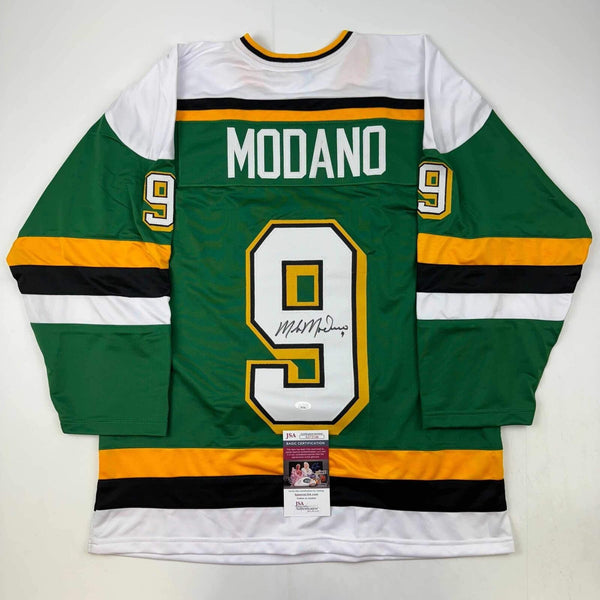 Autographed/Signed Mike Modano Minnesota Green Hockey Jersey Beckett BAS COA
