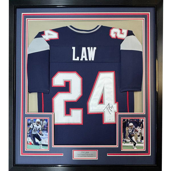 Framed Autographed/Signed Ty Law 35x39 New England Blue Jersey JSA COA