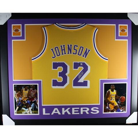 Magic Johnson Autographed Pro Style Yellow XL Framed Jersey 35x43 Beckett 53076