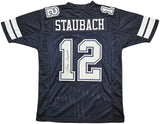 COWBOYS ROGER STAUBACH AUTOGRAPHED NAVY BLUE JERSEY BECKETT WITNESS 212671