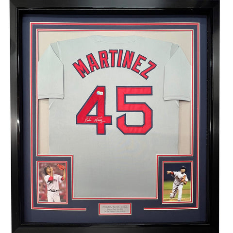 Framed Autographed/Signed Pedro Martinez 35x39 Boston Grey Jersey JSA COA