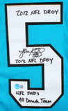 Luke Kuechly Autographed Light Blue Pro Style Jersey w/3 Insc- Beckett W Holo