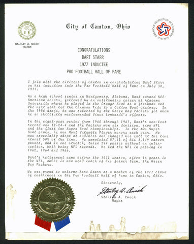 Packers Bart Starr 1977 Hall Of Fame Induction Letter From Canton Ohio