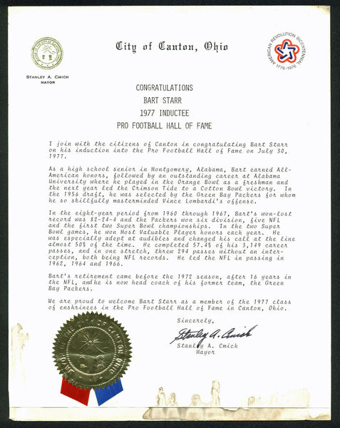 Packers Bart Starr 1977 Hall Of Fame Induction Letter From Canton Ohio