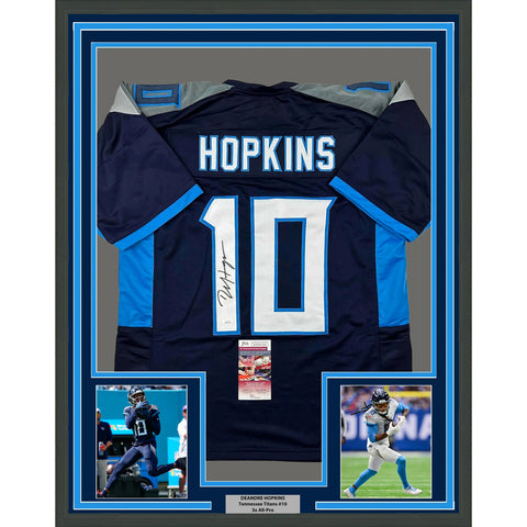 Framed Autographed/Signed DeAndre Hopkins 33x42 Tennessee Blue Jersey JSA COA