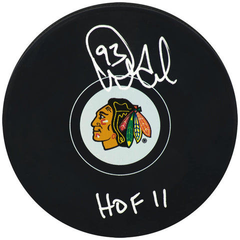 Doug Gilmour Signed Chicago Blackhawks Logo Hockey Puck w/HOF'11 -(SCHWARTZ COA)