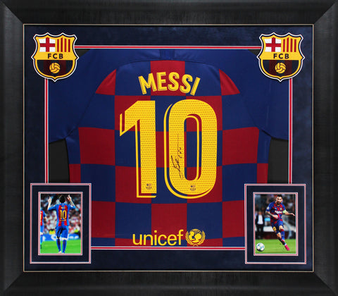 Barcelona FC Lionel Messi Signed Blue & Red Nike Framed Jersey BAS LOA