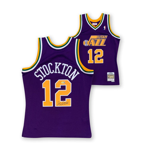 John Stockton Signed Utah Jazz Mitchell Ness Purple T/B Swing Jersey Beckett XL