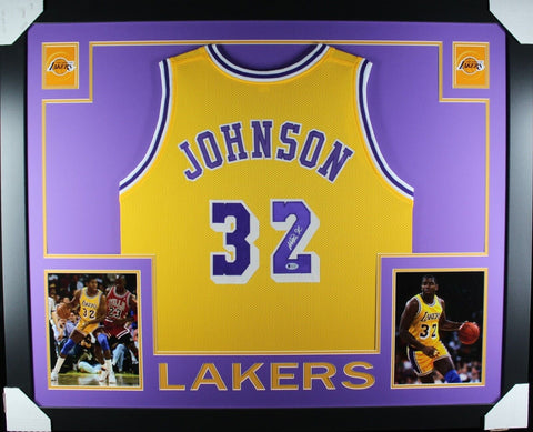 MAGIC JOHNSON (Lakers yellow SKYLINE) Signed Autographed Framed Jersey Beckett