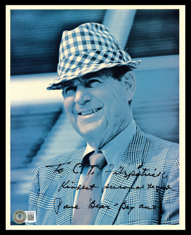 Paul Bear Bryant Autographed 8x10 Photo Alabama To CT Kindest Regards Beckett