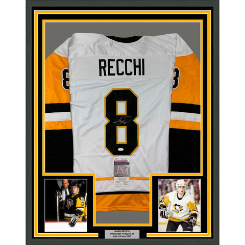 Framed Autographed/Signed Mark Recchi 33x42 Pittsburgh White Jersey JSA COA