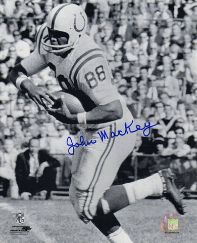 John Mackey Signed Colts B&W With Football 8x10 Photo - (SCHWARTZ COA)