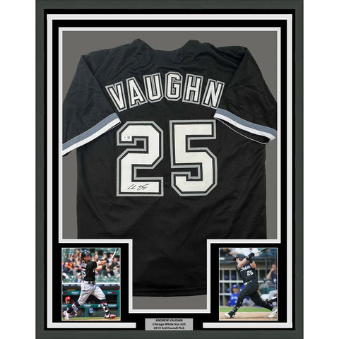 Framed Autographed/Signed Andrew Vaughn 33x42 Chicago Black Jersey BAS COA