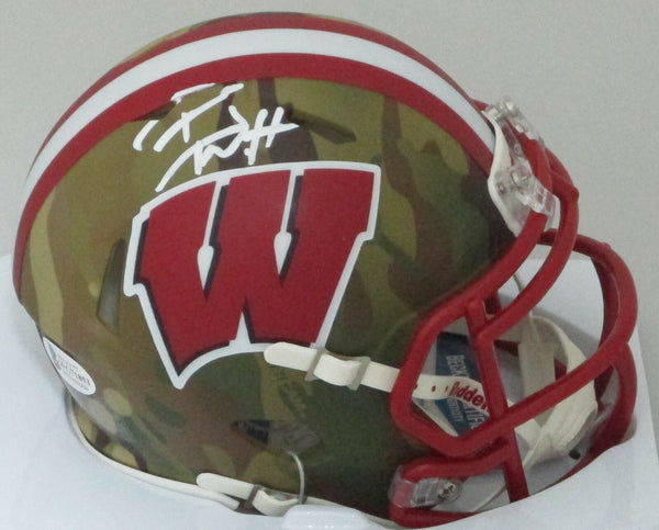 Badgers TJ WATT Signed Riddell Speed CAMO Mini Helmet AUTO - Steelers - BCA