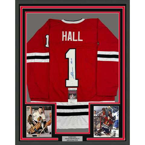 Framed Autographed/Signed Glenn Hall 35x39 Chicago Red Hockey Jersey JSA COA