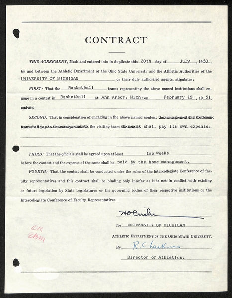 Fritz Crisler HOF Michigan Head Coach Signed/Auto Contract PSA BA199013