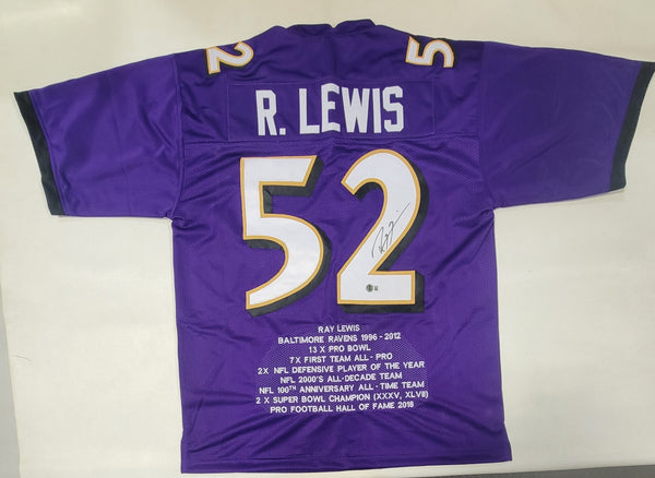 RAY LEWIS AUTOGRAPHED SIGNED PRO STYLE CUSTOM XL STAT JERSEY BECKETT QR