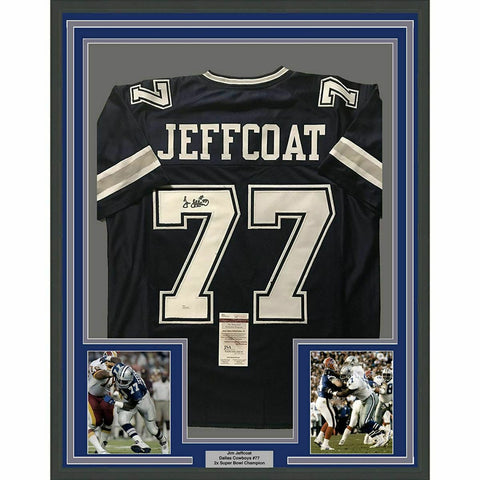 FRAMED Autographed/Signed JIM JEFFCOAT 33x42 Dallas Blue Jersey JSA COA Auto
