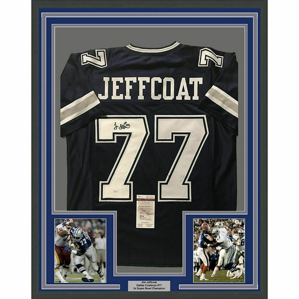 FRAMED Autographed/Signed JIM JEFFCOAT 33x42 Dallas Blue Jersey JSA COA Auto